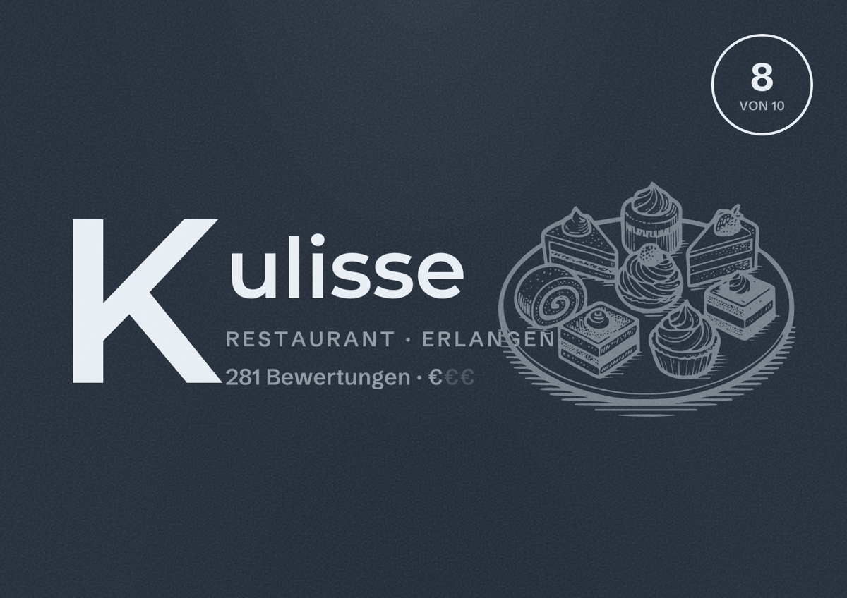Illustriertes Poster von Kulisse, Restaurant in Erlangen: Bewertung 8 von 10 aus 281 Bewertungen, Preisniveau €