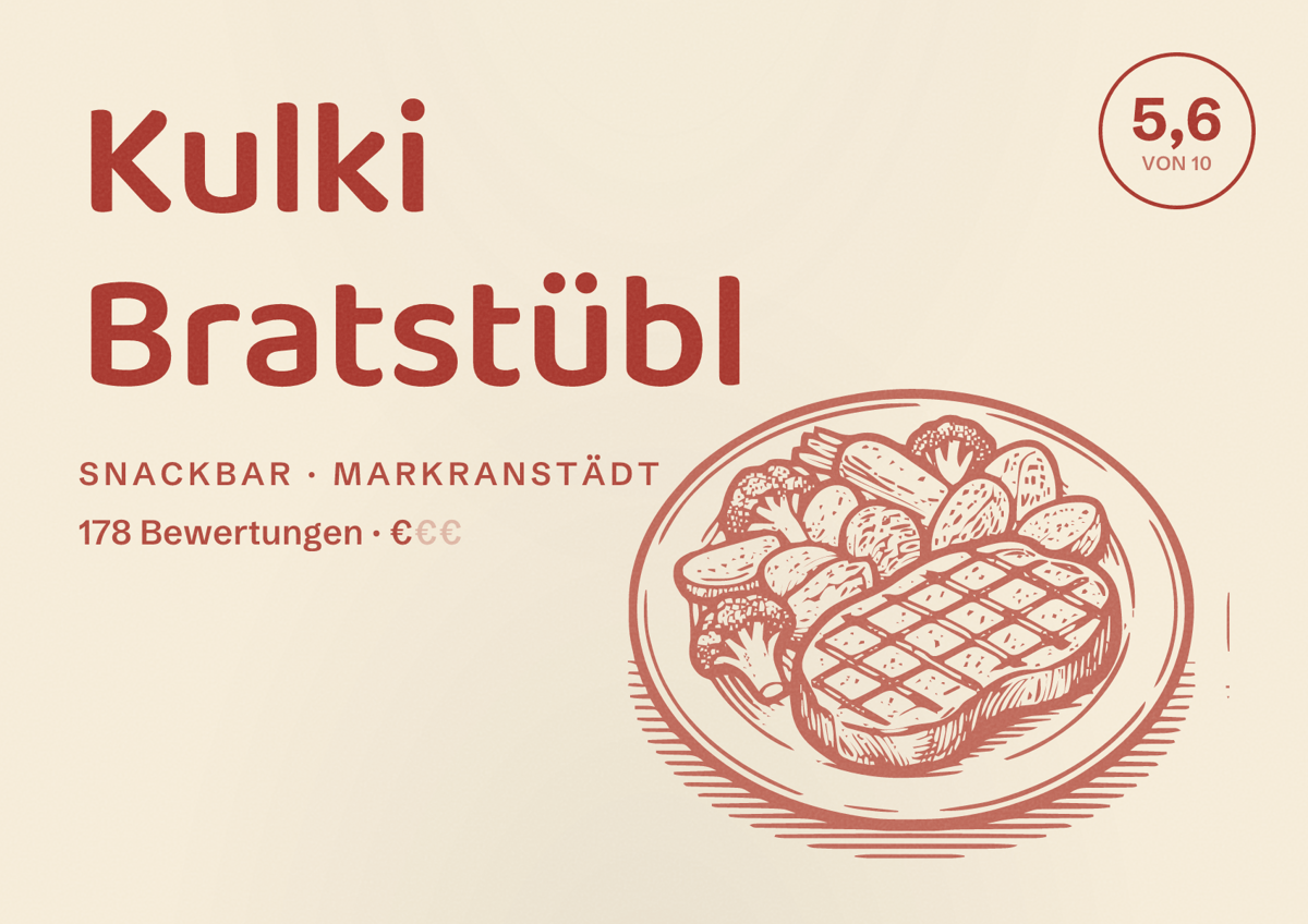 Illustriertes Poster von Kulki Bratstübl, Snackbar in Markranstädt: Bewertung 5,6 von 10 aus 178 Bewertungen, Preisniveau €