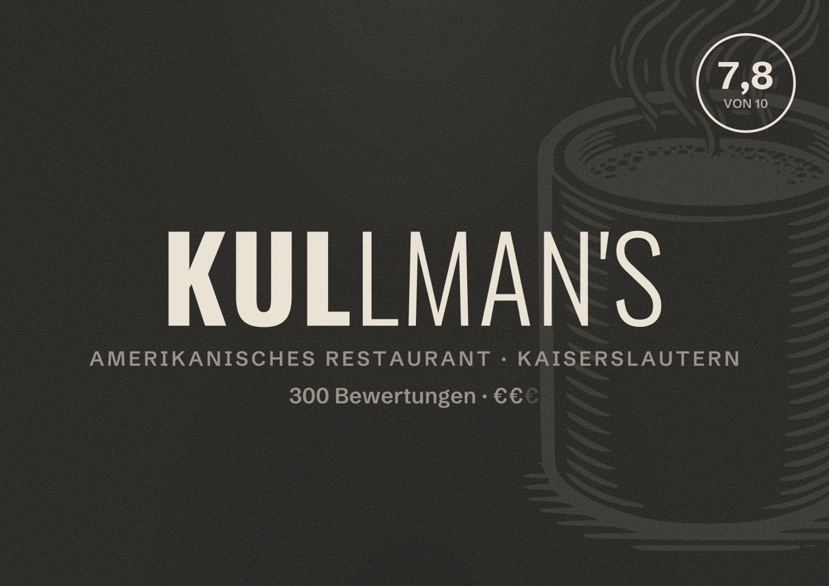 Illustriertes Poster von Kullman's, Amerikanisches Restaurant in Kaiserslautern: Bewertung 7,8 von 10 aus 300 Bewertungen, Preisniveau €€