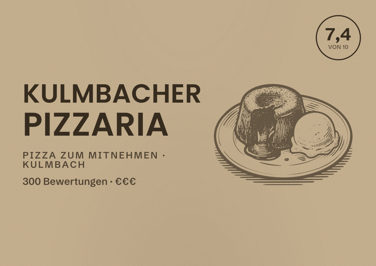 Illustriertes Poster von Kulmbacher Pizzaria, Pizza zum Mitnehmen in Kulmbach: Bewertung 7,4 von 10 aus 300 Bewertungen, Preisniveau €€€