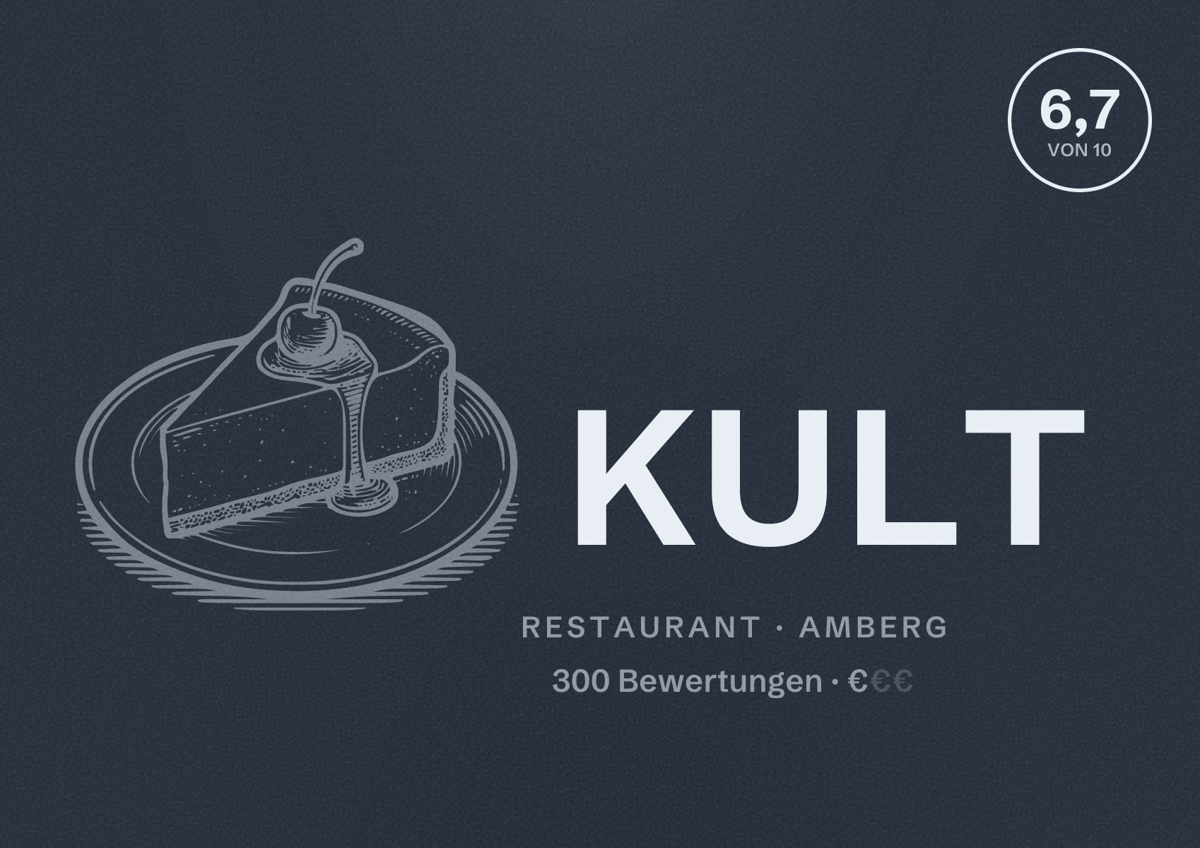 Illustriertes Poster von KULT, Restaurant in Amberg: Bewertung 6,7 von 10 aus 300 Bewertungen, Preisniveau €
