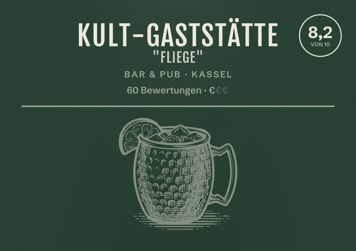 Illustriertes Poster von Kult-Gaststätte "Fliege", Bar & Pub in Kassel: Bewertung 8,2 von 10 aus 60 Bewertungen, Preisniveau €