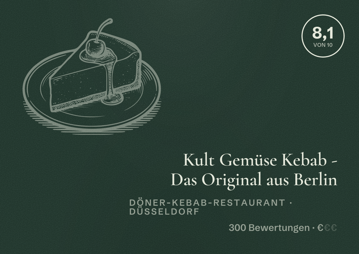 Illustriertes Poster von Kult Gemüse Kebab - Das Original aus Berlin, Döner-Kebab-Restaurant in Düsseldorf: Bewertung 8,1 von 10 aus 300 Bewertungen, Preisniveau €