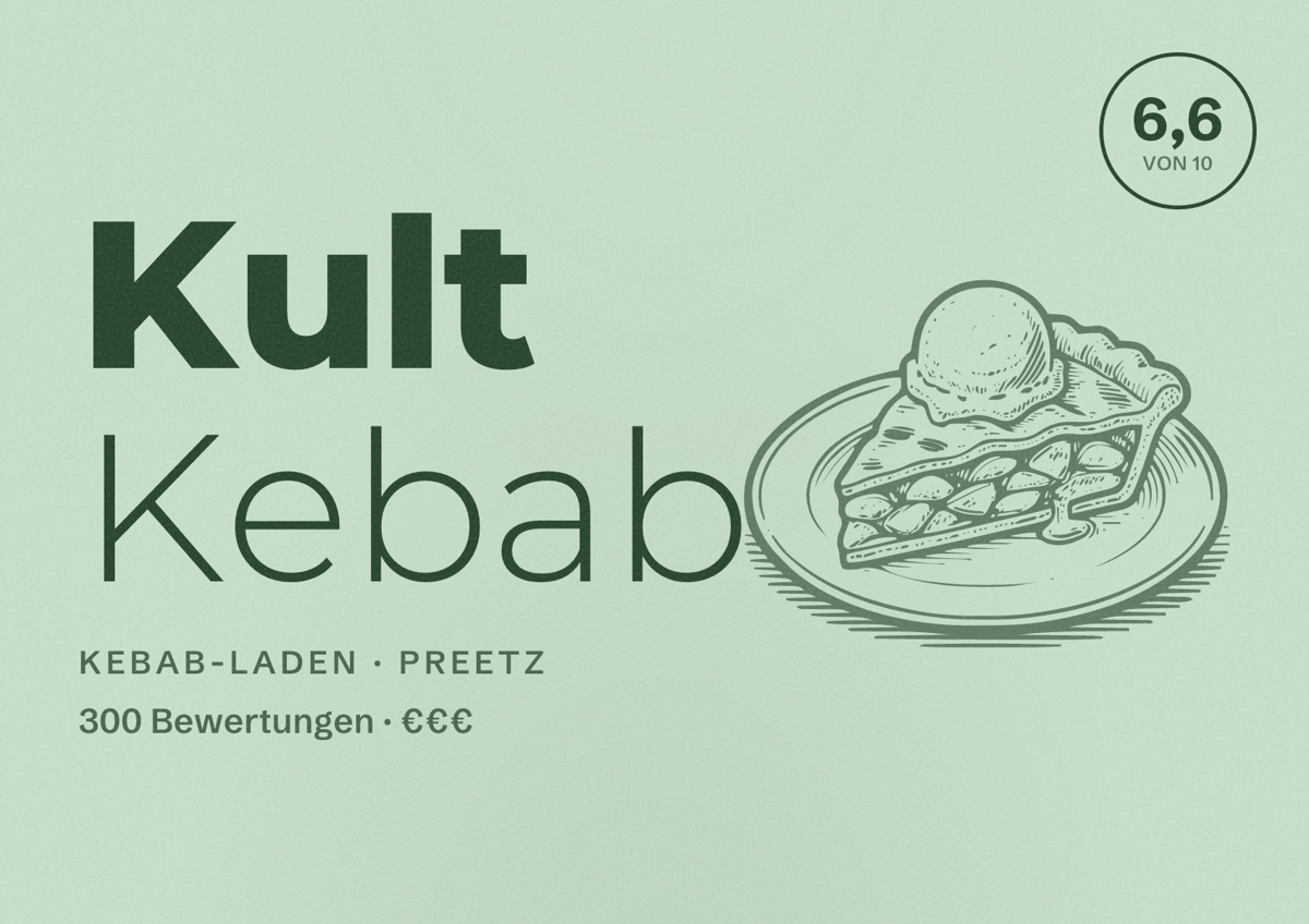 Illustriertes Poster von Kult Kebab, Kebab-Laden in Preetz: Bewertung 6,6 von 10 aus 300 Bewertungen, Preisniveau €€€