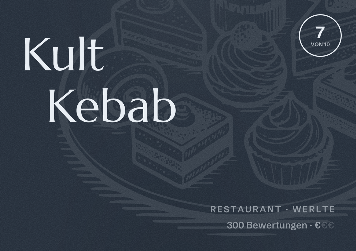 Illustriertes Poster von Kult Kebab, Restaurant in Werlte: Bewertung 7 von 10 aus 300 Bewertungen, Preisniveau €