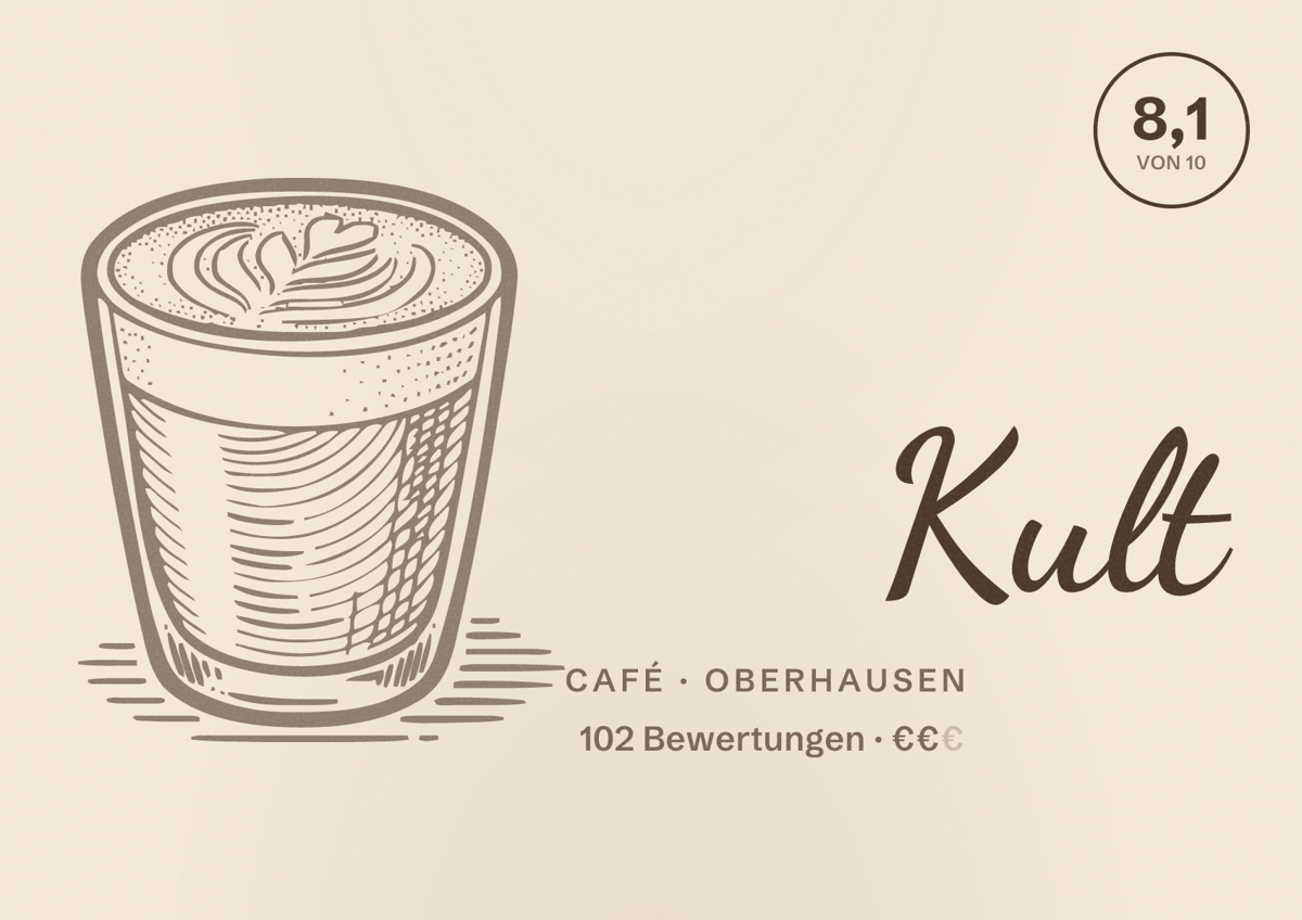 Illustriertes Poster von Kult, Café in Oberhausen: Bewertung 8,1 von 10 aus 102 Bewertungen, Preisniveau €€