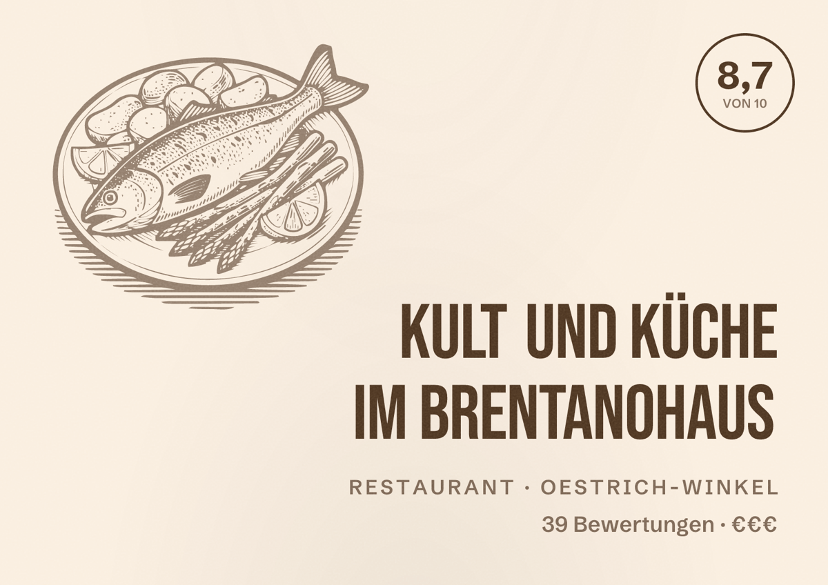 Illustriertes Poster von Kult und Küche im Brentanohaus, Restaurant in Oestrich-Winkel: Bewertung 8,7 von 10 aus 39 Bewertungen, Preisniveau €€€