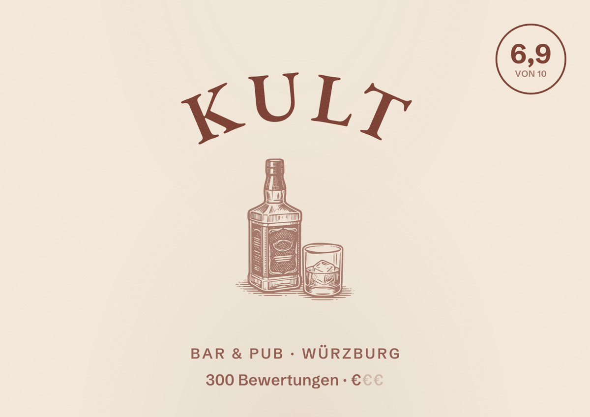 Illustriertes Poster von Kult, Bar & Pub in Würzburg: Bewertung 6,9 von 10 aus 300 Bewertungen, Preisniveau €