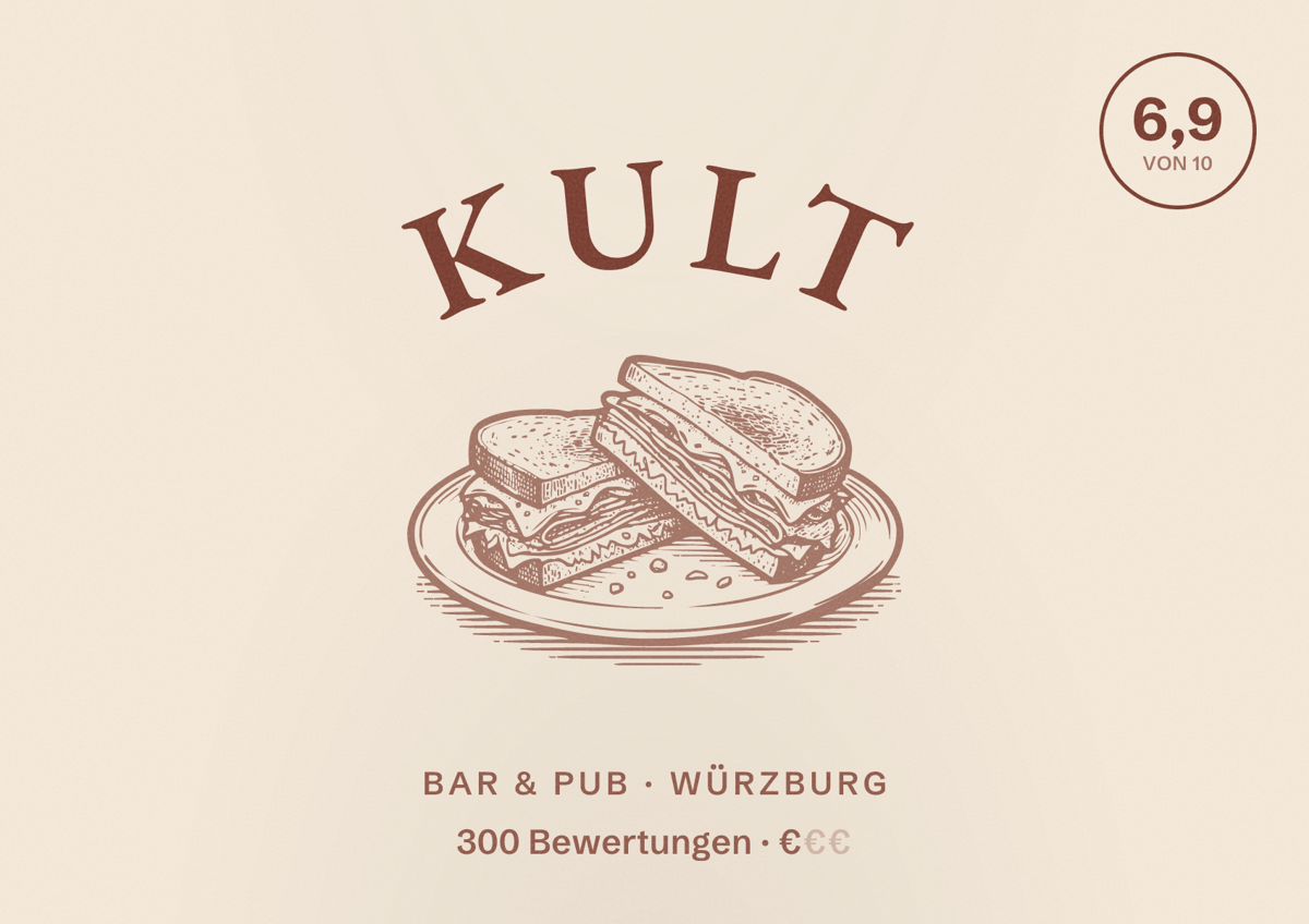 Illustriertes Poster von Kult, Bar & Pub in Würzburg: Bewertung 6,9 von 10 aus 300 Bewertungen, Preisniveau €