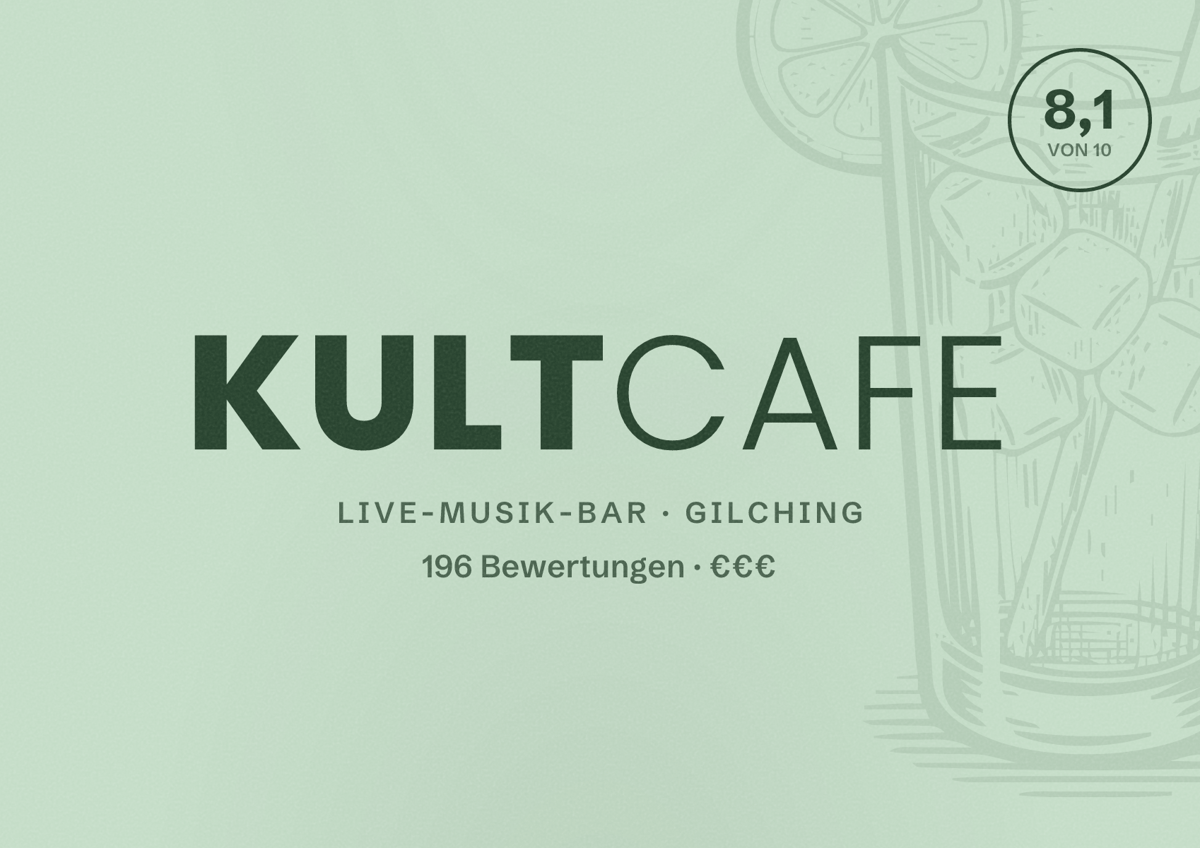 Illustriertes Poster von KultCafe, Live-Musik-Bar in Gilching: Bewertung 8,1 von 10 aus 196 Bewertungen, Preisniveau €€€