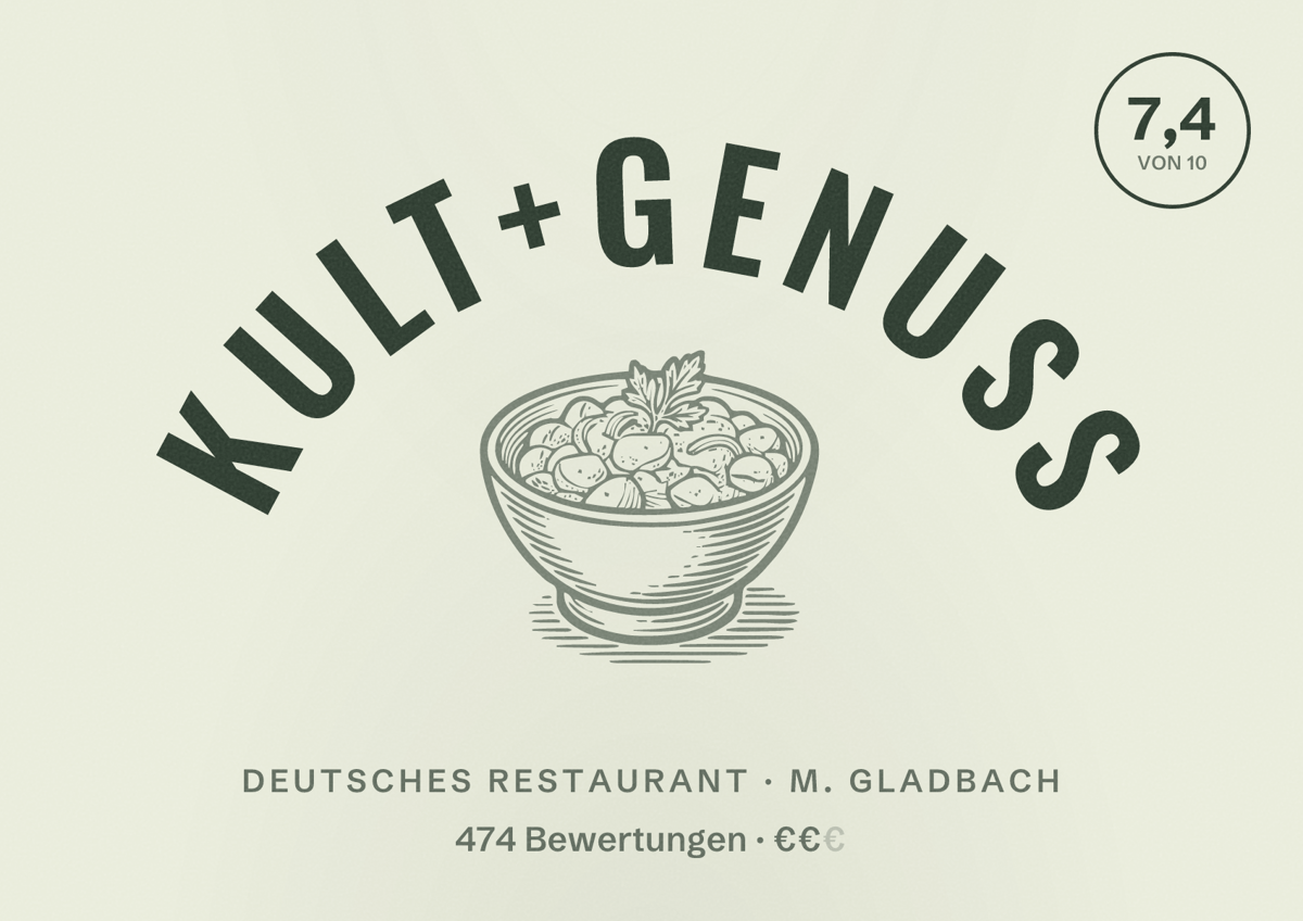 Illustriertes Poster von KULT+GENUSS, Deutsches Restaurant in M. Gladbach: Bewertung 7,4 von 10 aus 474 Bewertungen, Preisniveau €€