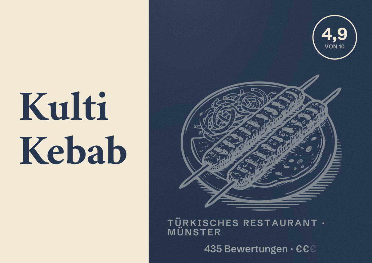 Illustriertes Poster von Kulti Kebab, Türkisches Restaurant in Münster: Bewertung 4,9 von 10 aus 435 Bewertungen, Preisniveau €€