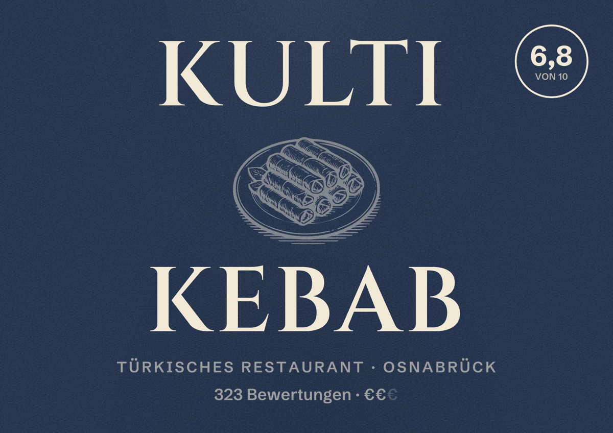 Illustriertes Poster von Kulti Kebab, Türkisches Restaurant in Osnabrück: Bewertung 6,8 von 10 aus 323 Bewertungen, Preisniveau €€