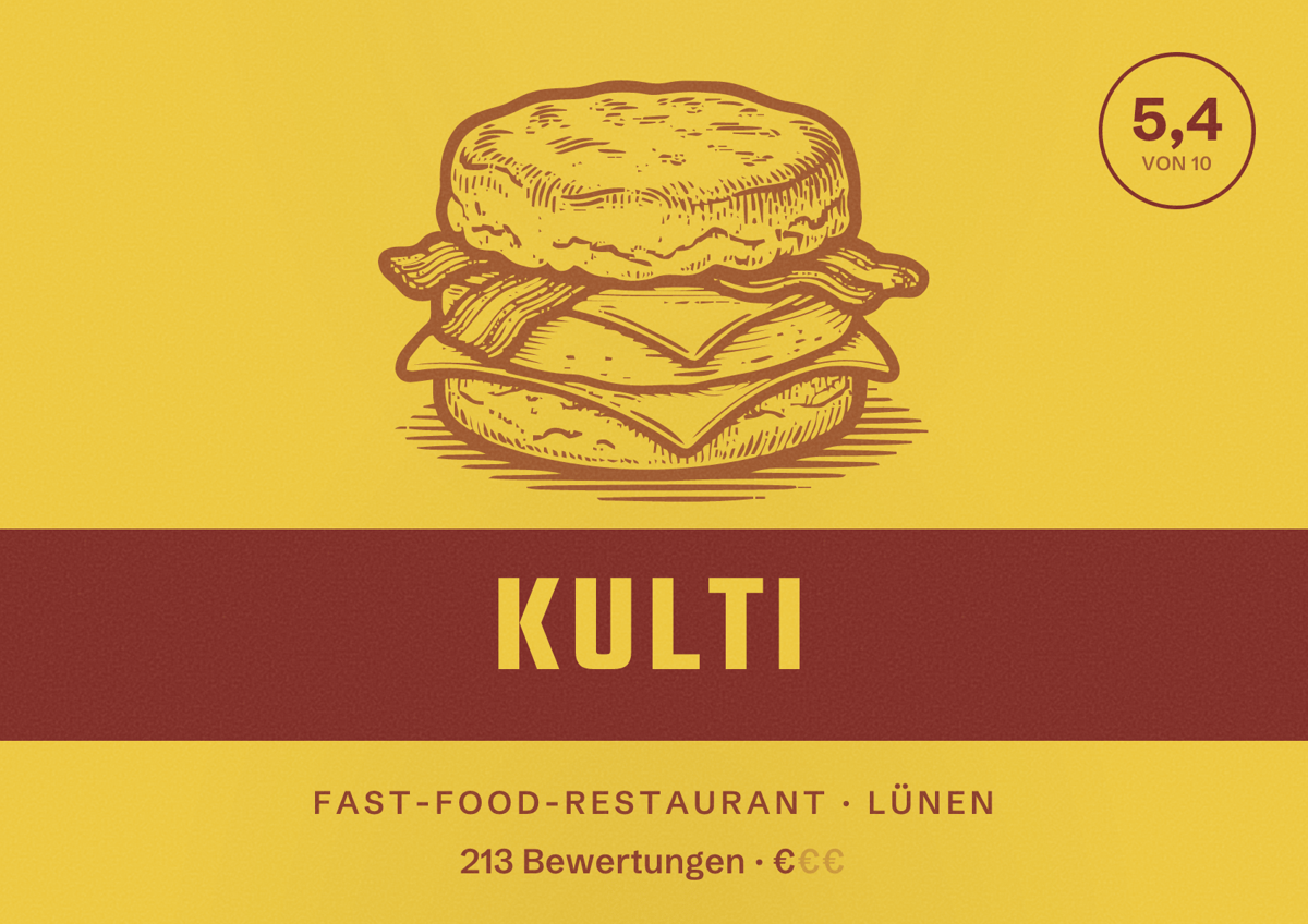 Illustriertes Poster von Kulti, Fast-Food-Restaurant in Lünen: Bewertung 5,4 von 10 aus 213 Bewertungen, Preisniveau €