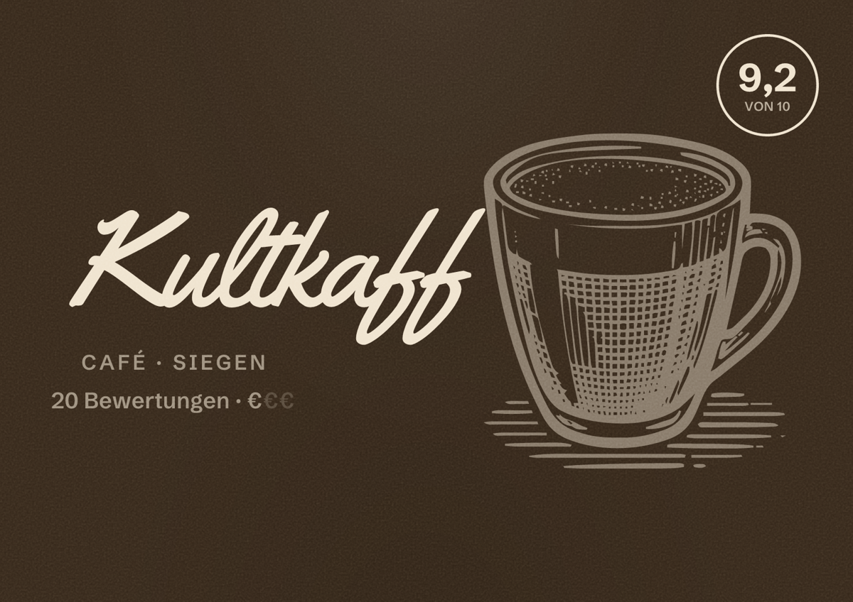 Illustriertes Poster von Kultkaff, Café in Siegen: Bewertung 9,2 von 10 aus 20 Bewertungen, Preisniveau €