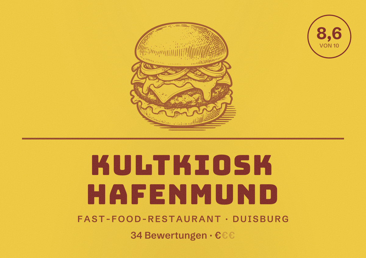 Illustriertes Poster von KultKiosk Hafenmund, Fast-Food-Restaurant in Duisburg: Bewertung 8,6 von 10 aus 34 Bewertungen, Preisniveau €