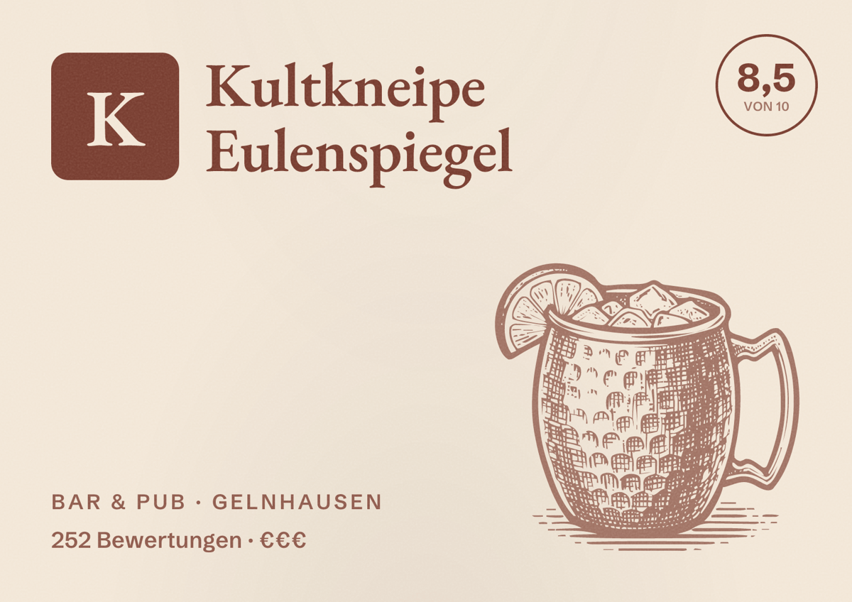 Illustriertes Poster von Kultkneipe Eulenspiegel, Bar & Pub in Gelnhausen: Bewertung 8,5 von 10 aus 252 Bewertungen, Preisniveau €€€