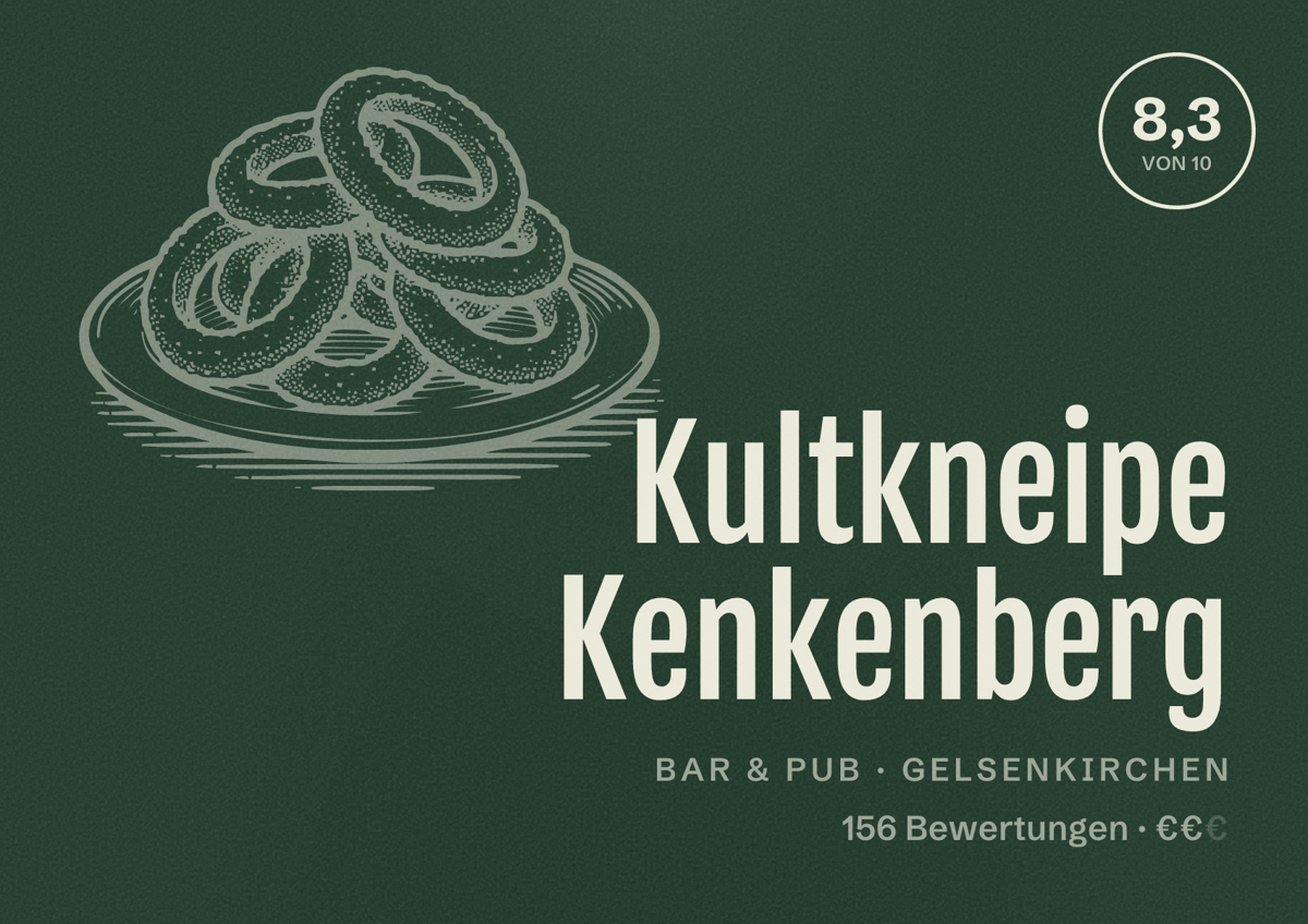 Illustriertes Poster von Kultkneipe Kenkenberg, Bar & Pub in Gelsenkirchen: Bewertung 8,3 von 10 aus 156 Bewertungen, Preisniveau €€