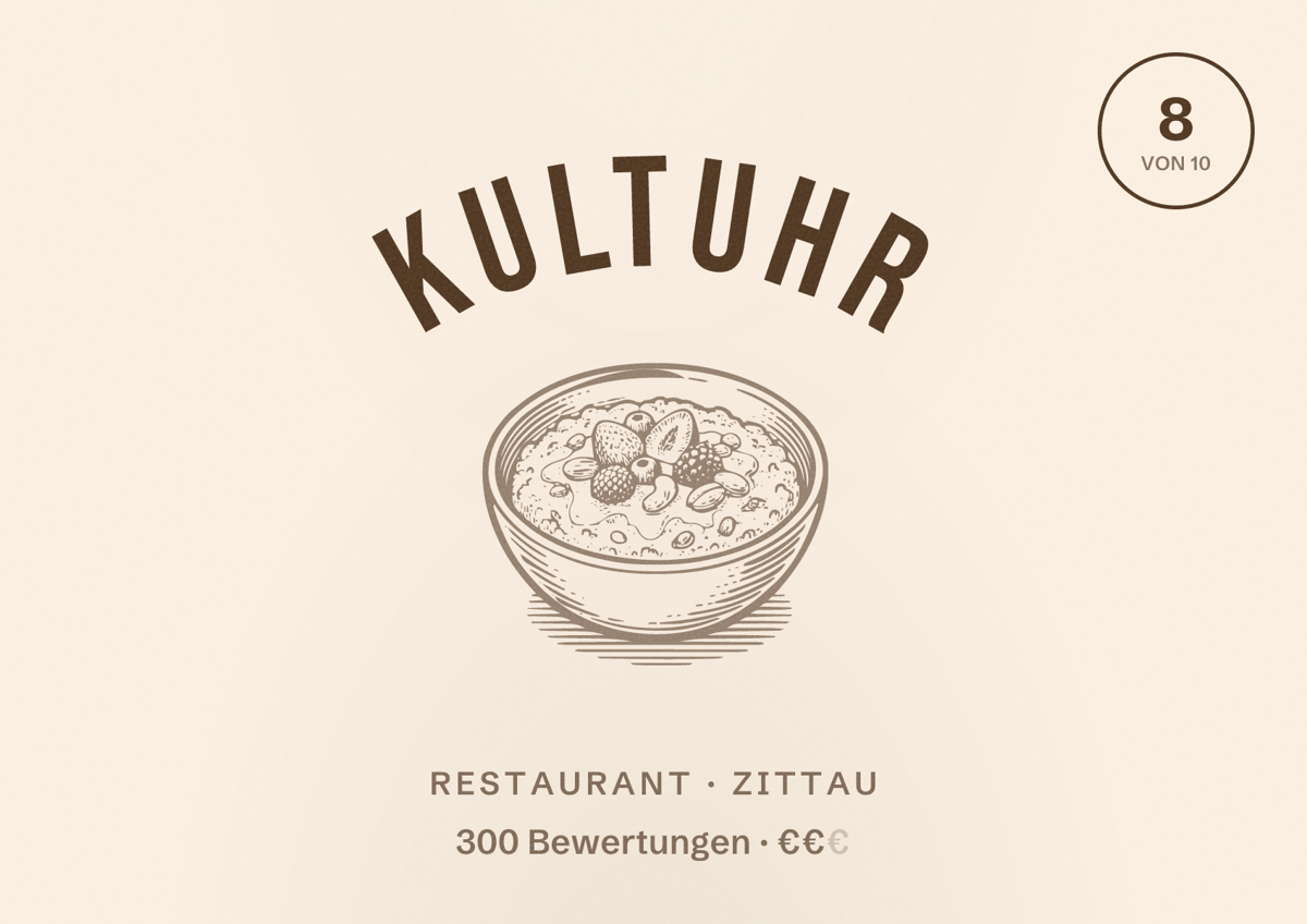 Illustriertes Poster von KultUhr, Restaurant in Zittau: Bewertung 8 von 10 aus 300 Bewertungen, Preisniveau €€