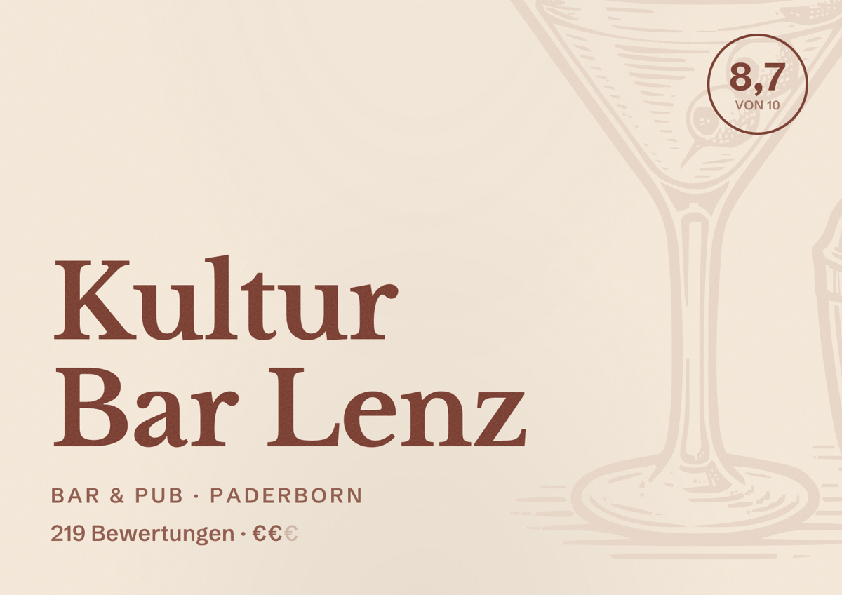 Illustriertes Poster von Kultur Bar Lenz, Bar & Pub in Paderborn: Gästebewertung 8,7 von 10 aus 219 Bewertungen