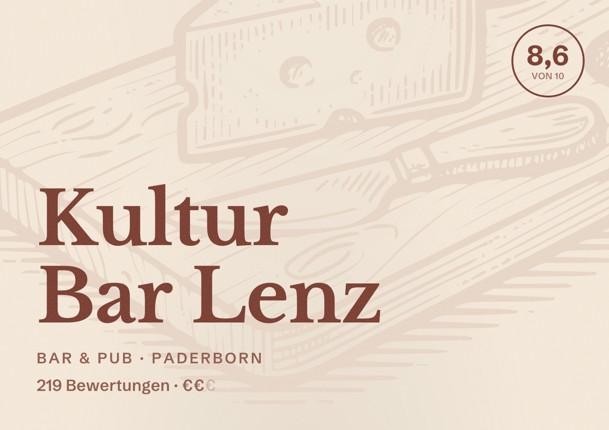 Illustriertes Poster von Kultur Bar Lenz, Bar & Pub in Paderborn: Bewertung 8,6 von 10 aus 219 Bewertungen, Preisniveau €€