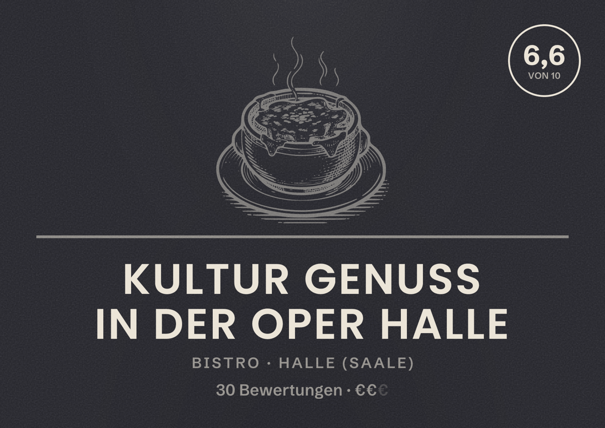 Illustriertes Poster von Kultur Genuss in der Oper Halle, Bistro in Halle (Saale): Bewertung 6,6 von 10 aus 30 Bewertungen, Preisniveau €€