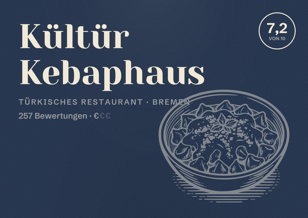 Illustriertes Poster von Kültür Kebaphaus, Türkisches Restaurant in Bremen: Bewertung 7,2 von 10 aus 257 Bewertungen, Preisniveau €