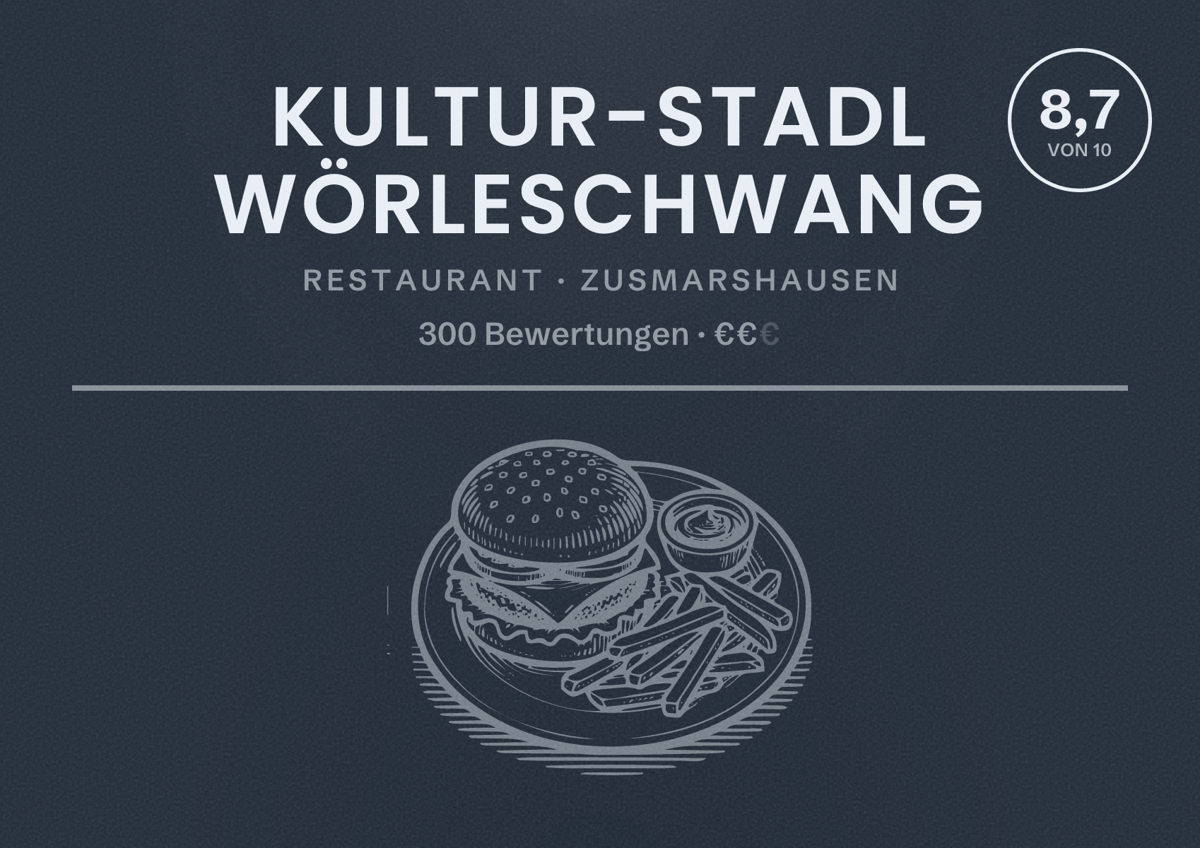 Illustriertes Poster von Kultur-Stadl Wörleschwang, Restaurant in Zusmarshausen: Bewertung 8,7 von 10 aus 300 Bewertungen, Preisniveau €€