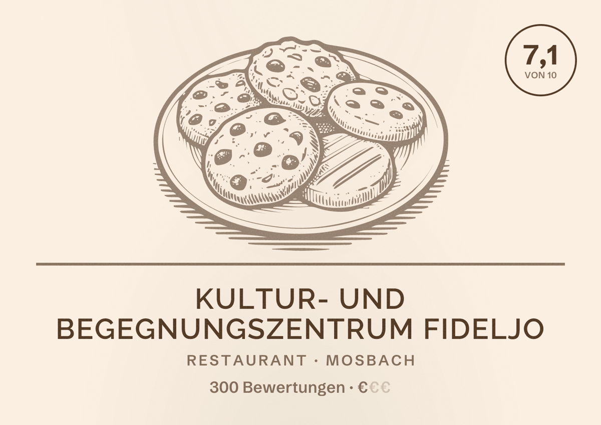 Illustriertes Poster von Kultur- und Begegnungszentrum fideljo, Restaurant in Mosbach: Bewertung 7,1 von 10 aus 300 Bewertungen, Preisniveau €