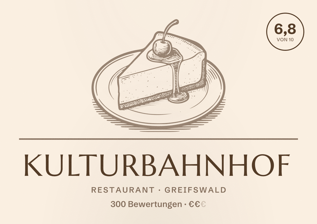 Illustriertes Poster von KulturBahnhof, Restaurant in Greifswald: Bewertung 6,8 von 10 aus 300 Bewertungen, Preisniveau €€