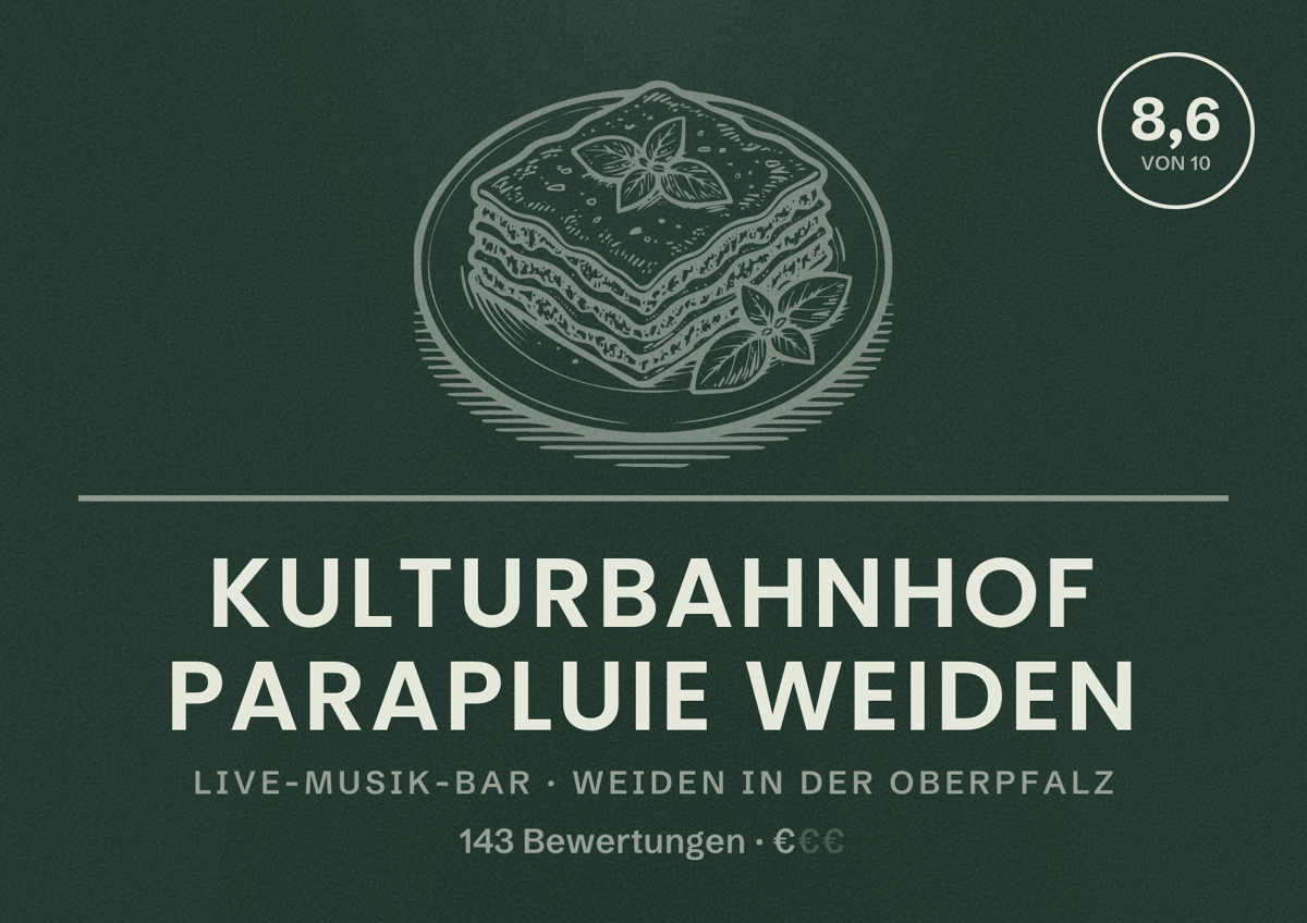 Illustriertes Poster von Kulturbahnhof Parapluie Weiden, Live-Musik-Bar in Weiden in der Oberpfalz: Bewertung 8,6 von 10 aus 143 Bewertungen, Preisniveau €