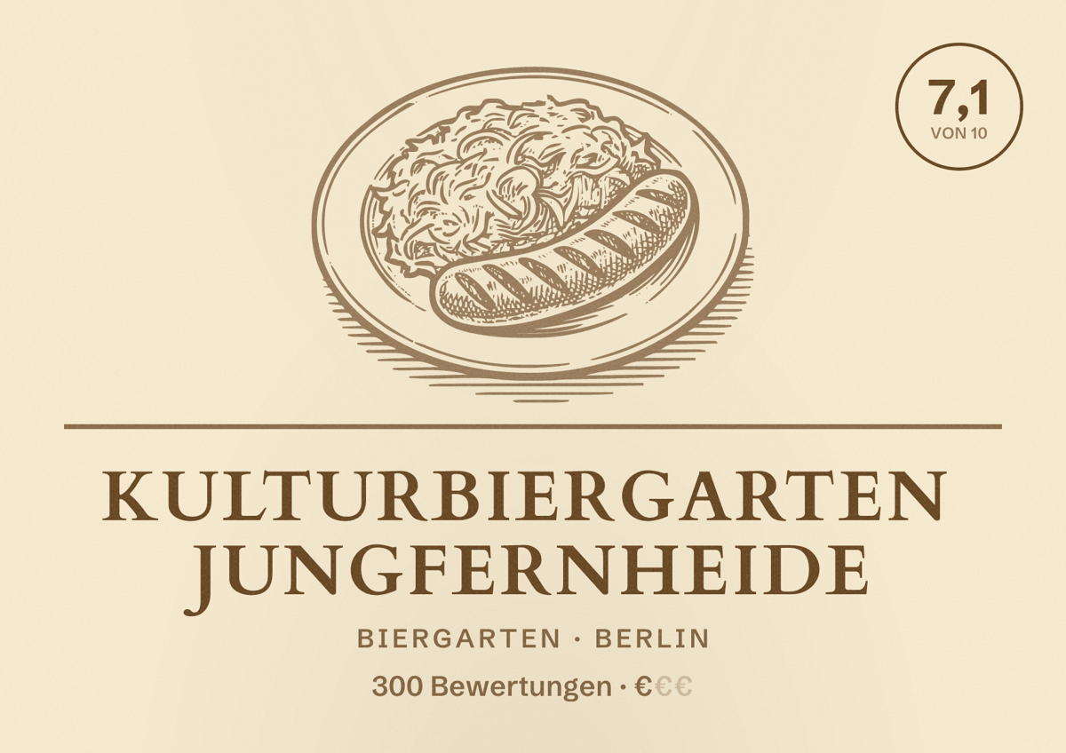Illustriertes Poster von Kulturbiergarten Jungfernheide, Biergarten in Berlin: Bewertung 7,1 von 10 aus 300 Bewertungen, Preisniveau €