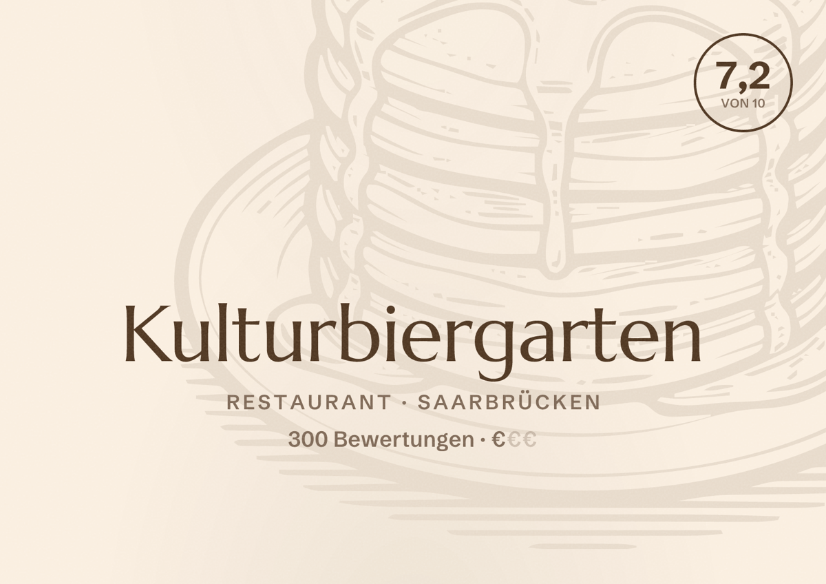 Illustriertes Poster von Kulturbiergarten, Restaurant in Saarbrücken: Bewertung 7,2 von 10 aus 300 Bewertungen, Preisniveau €