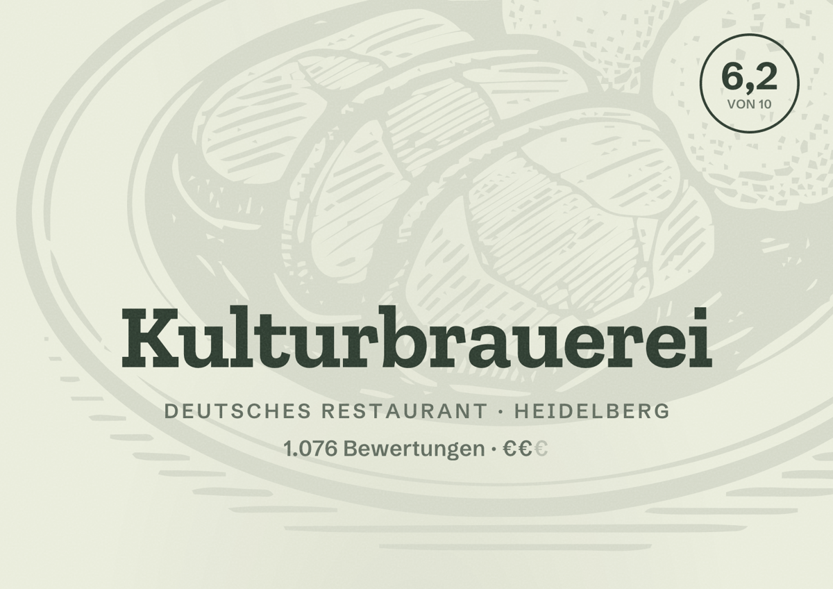 Illustriertes Poster von Kulturbrauerei, Deutsches Restaurant in Heidelberg: Bewertung 6,2 von 10 aus 1.076 Bewertungen, Preisniveau €€