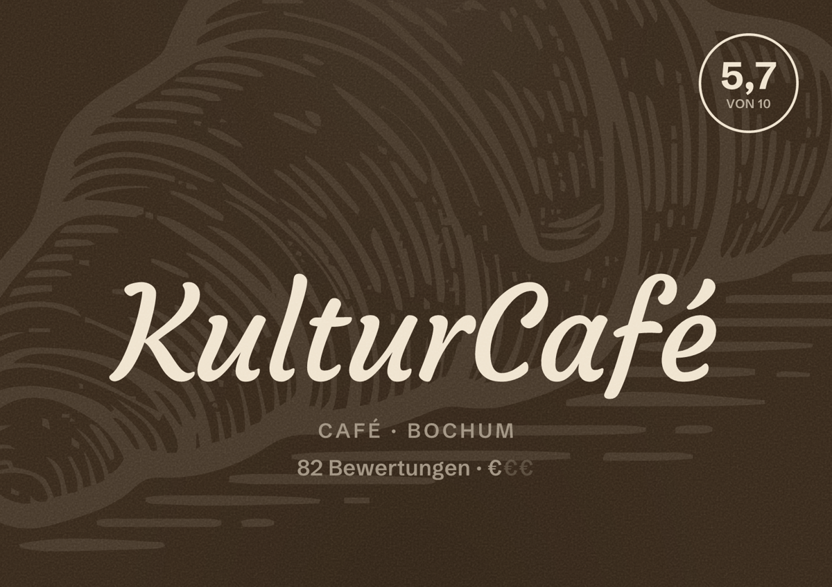 Illustriertes Poster von KulturCafé, Café in Bochum: Bewertung 5,7 von 10 aus 82 Bewertungen, Preisniveau €