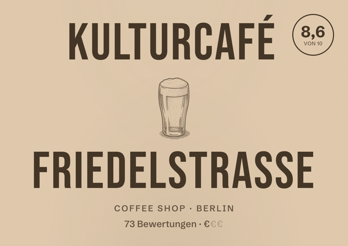 Illustriertes Poster von KulturCafé Friedelstraße, Coffee Shop in Berlin: Bewertung 8,6 von 10 aus 73 Bewertungen, Preisniveau €