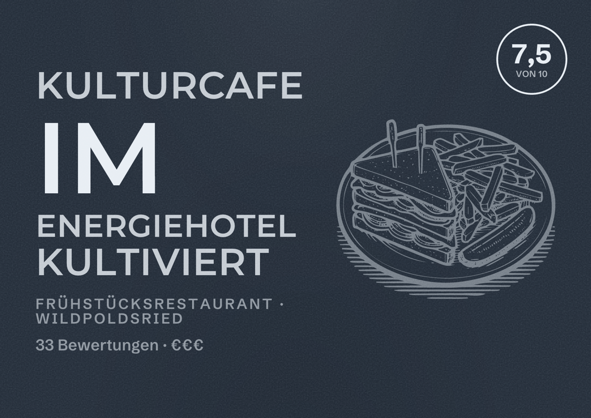 Illustriertes Poster von Kulturcafe im Energiehotel KULTIVIERT, Frühstücksrestaurant in Wildpoldsried: Bewertung 7,5 von 10 aus 33 Bewertungen, Preisniveau €€€