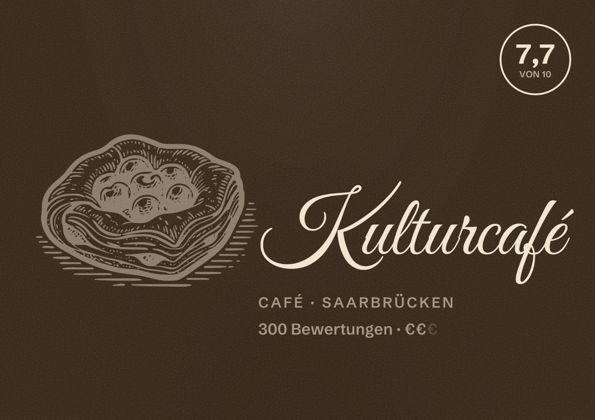 Illustriertes Poster von Kulturcafé, Café in Saarbrücken: Bewertung 7,7 von 10 aus 300 Bewertungen, Preisniveau €€
