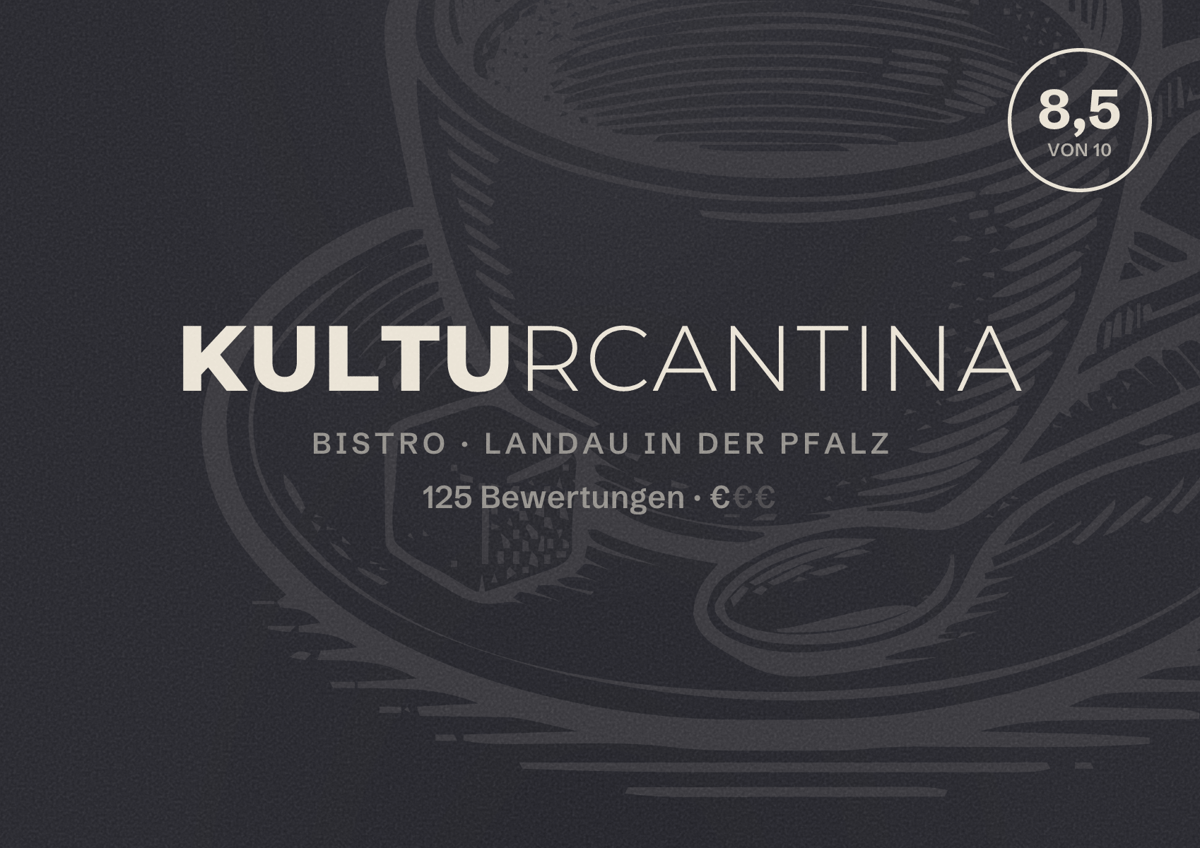 Illustriertes Poster von KulturCantina, Bistro in Landau in der Pfalz: Bewertung 8,5 von 10 aus 125 Bewertungen, Preisniveau €