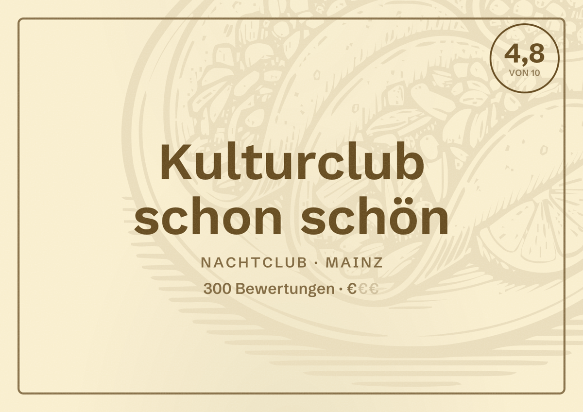 Illustriertes Poster von Kulturclub schon schön, Nachtclub in Mainz: Bewertung 4,8 von 10 aus 300 Bewertungen, Preisniveau €