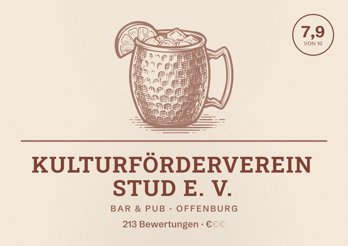 Illustriertes Poster von Kulturförderverein Stud e. V., Bar & Pub in Offenburg: Bewertung 7,9 von 10 aus 213 Bewertungen, Preisniveau €