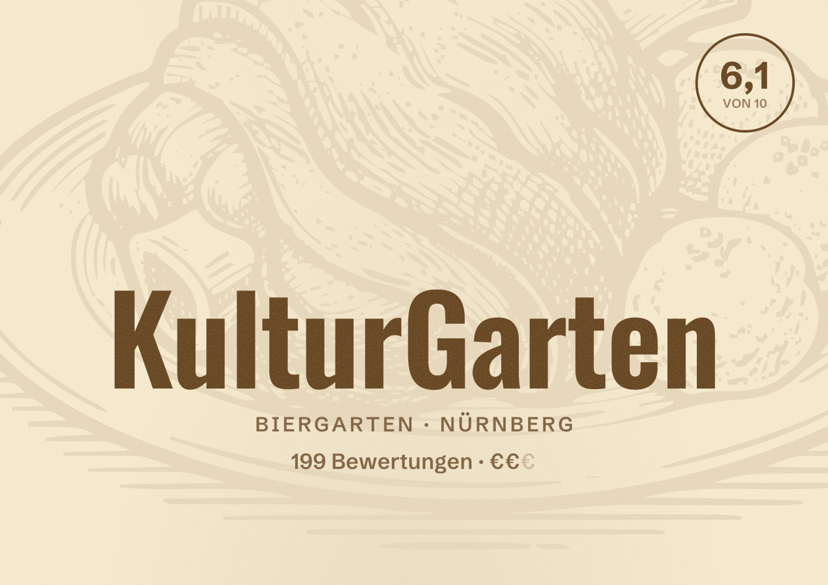 Illustriertes Poster von KulturGarten, Biergarten in Nürnberg: Bewertung 6,1 von 10 aus 199 Bewertungen, Preisniveau €€