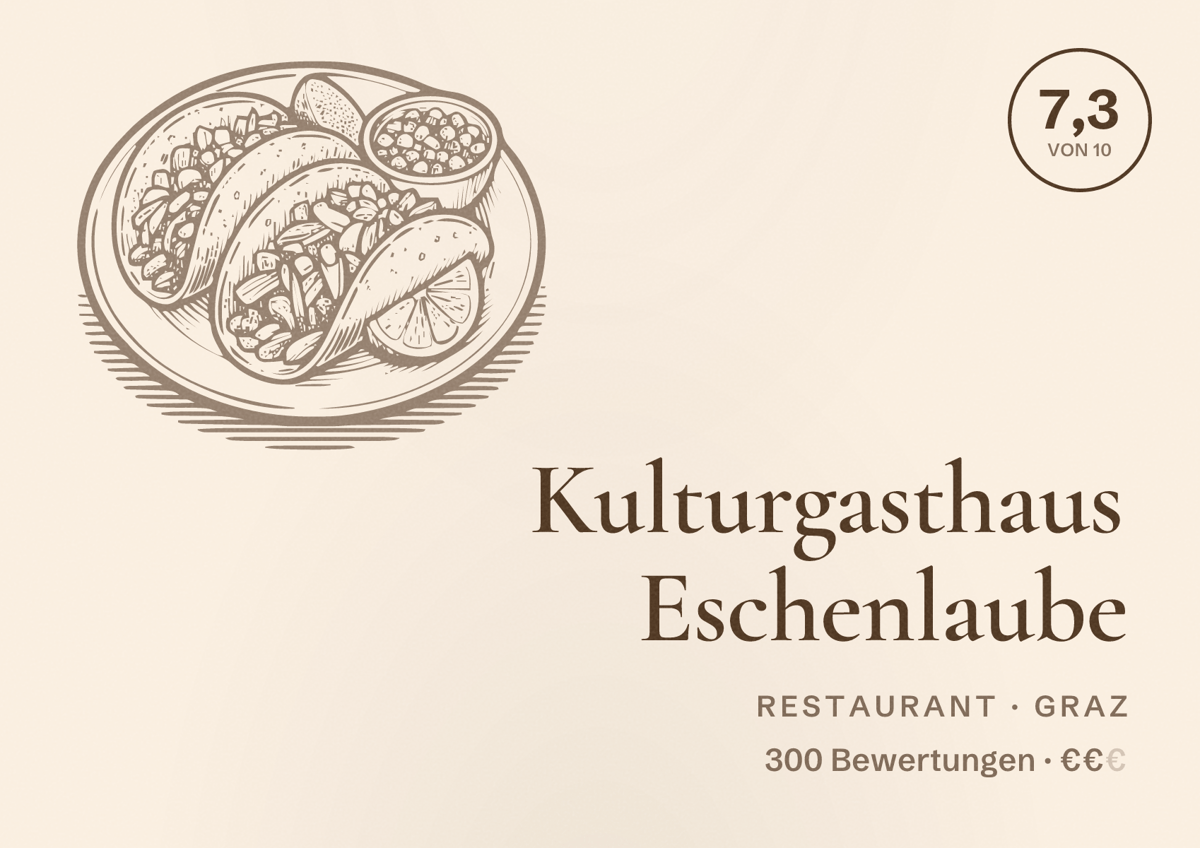 Illustriertes Poster von Kulturgasthaus Eschenlaube, Restaurant in Graz: Bewertung 7,3 von 10 aus 300 Bewertungen, Preisniveau €€