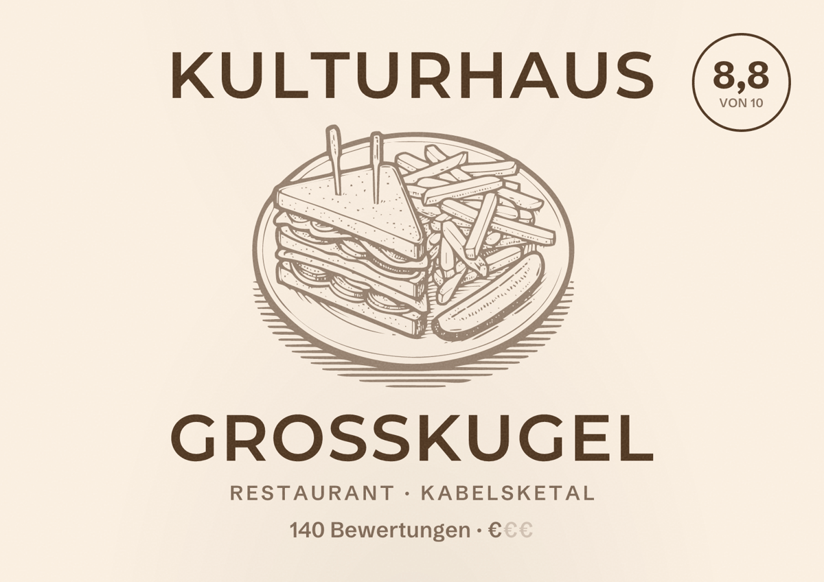 Illustriertes Poster von Kulturhaus Großkugel, Restaurant in Kabelsketal: Bewertung 8,8 von 10 aus 140 Bewertungen, Preisniveau €
