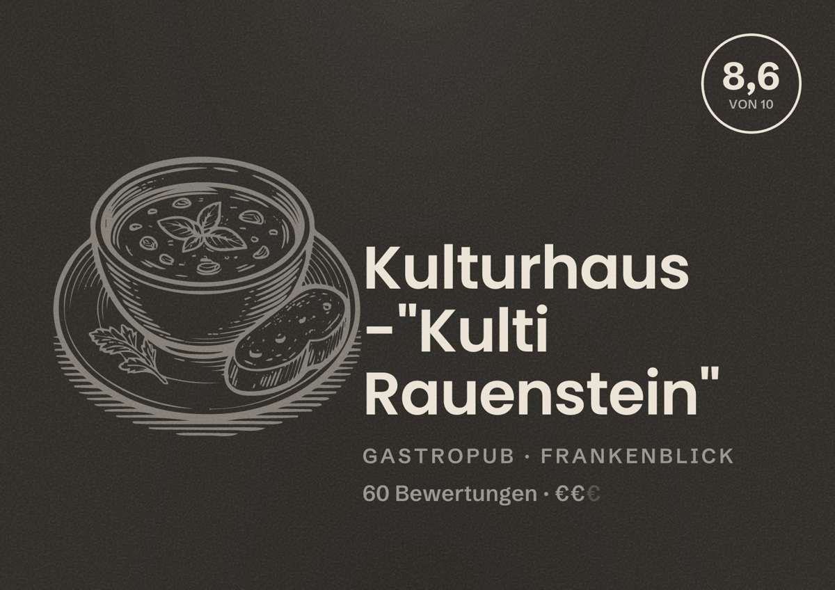 Illustriertes Poster von Kulturhaus -"Kulti Rauenstein", Gastropub in Frankenblick: Bewertung 8,6 von 10 aus 60 Bewertungen, Preisniveau €€