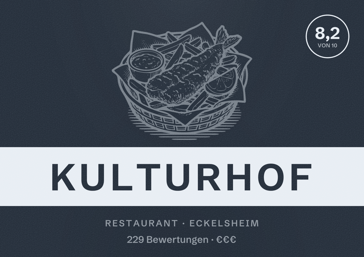 Illustriertes Poster von Kulturhof, Restaurant in Eckelsheim: Bewertung 8,2 von 10 aus 229 Bewertungen, Preisniveau €€€