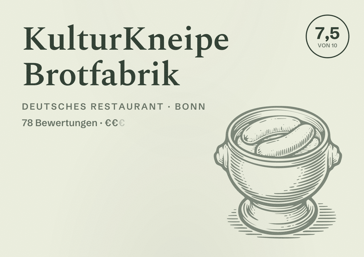 Illustriertes Poster von KulturKneipe Brotfabrik, Deutsches Restaurant in Bonn: Bewertung 7,5 von 10 aus 78 Bewertungen, Preisniveau €€