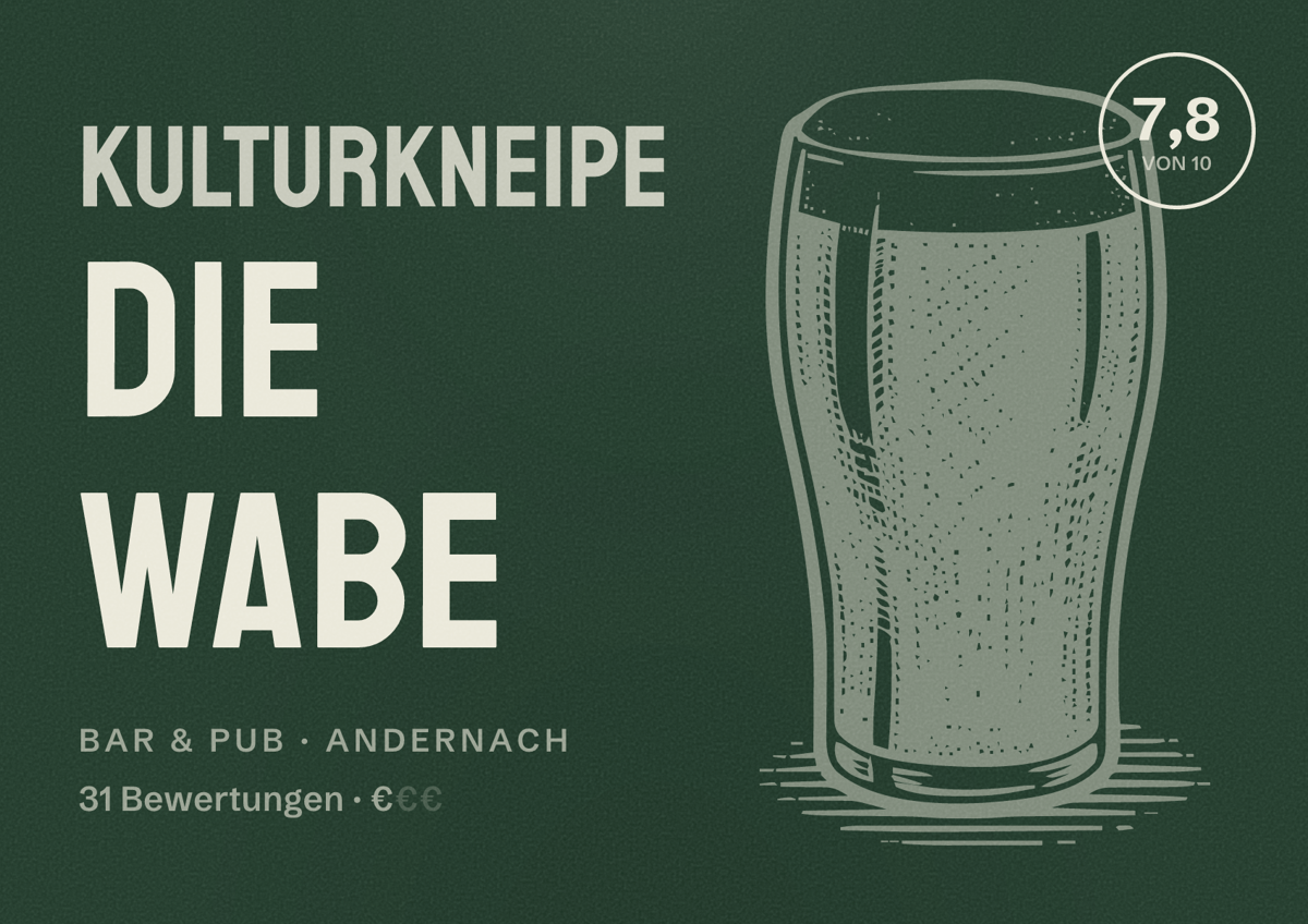 Illustriertes Poster von Kulturkneipe Die Wabe, Bar & Pub in Andernach: Bewertung 7,8 von 10 aus 31 Bewertungen, Preisniveau €