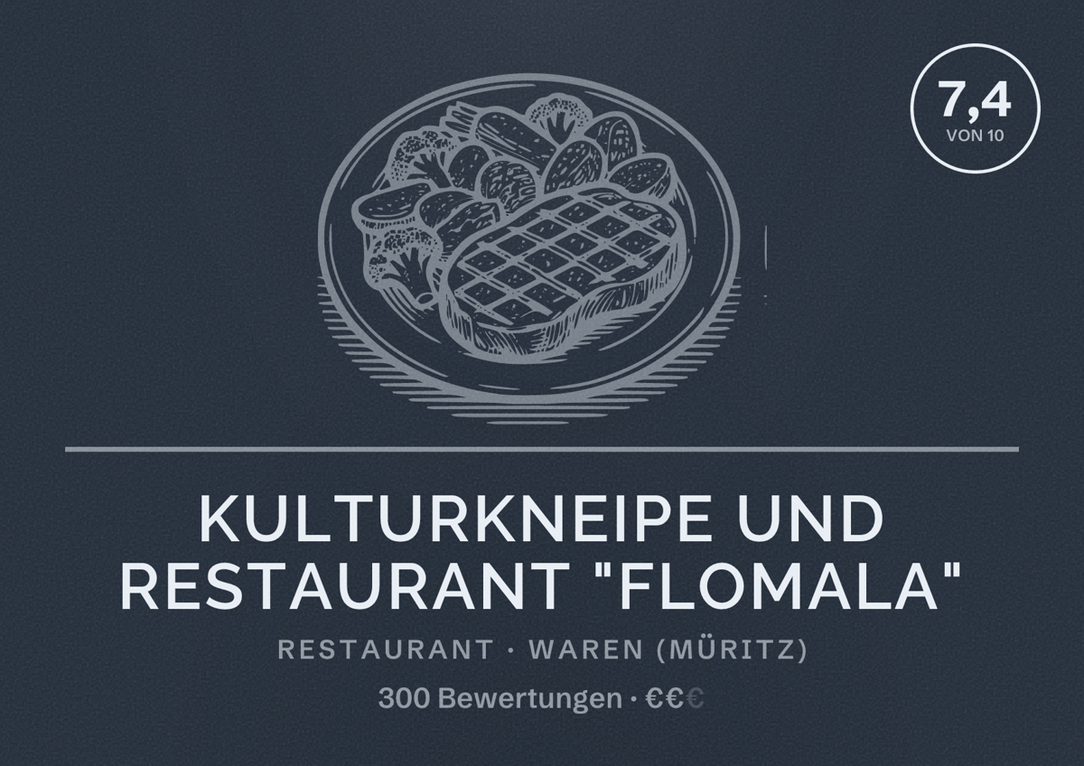 Illustriertes Poster von Kulturkneipe und Restaurant "FloMaLa", Restaurant in Waren (Müritz): Bewertung 7,4 von 10 aus 300 Bewertungen, Preisniveau €€