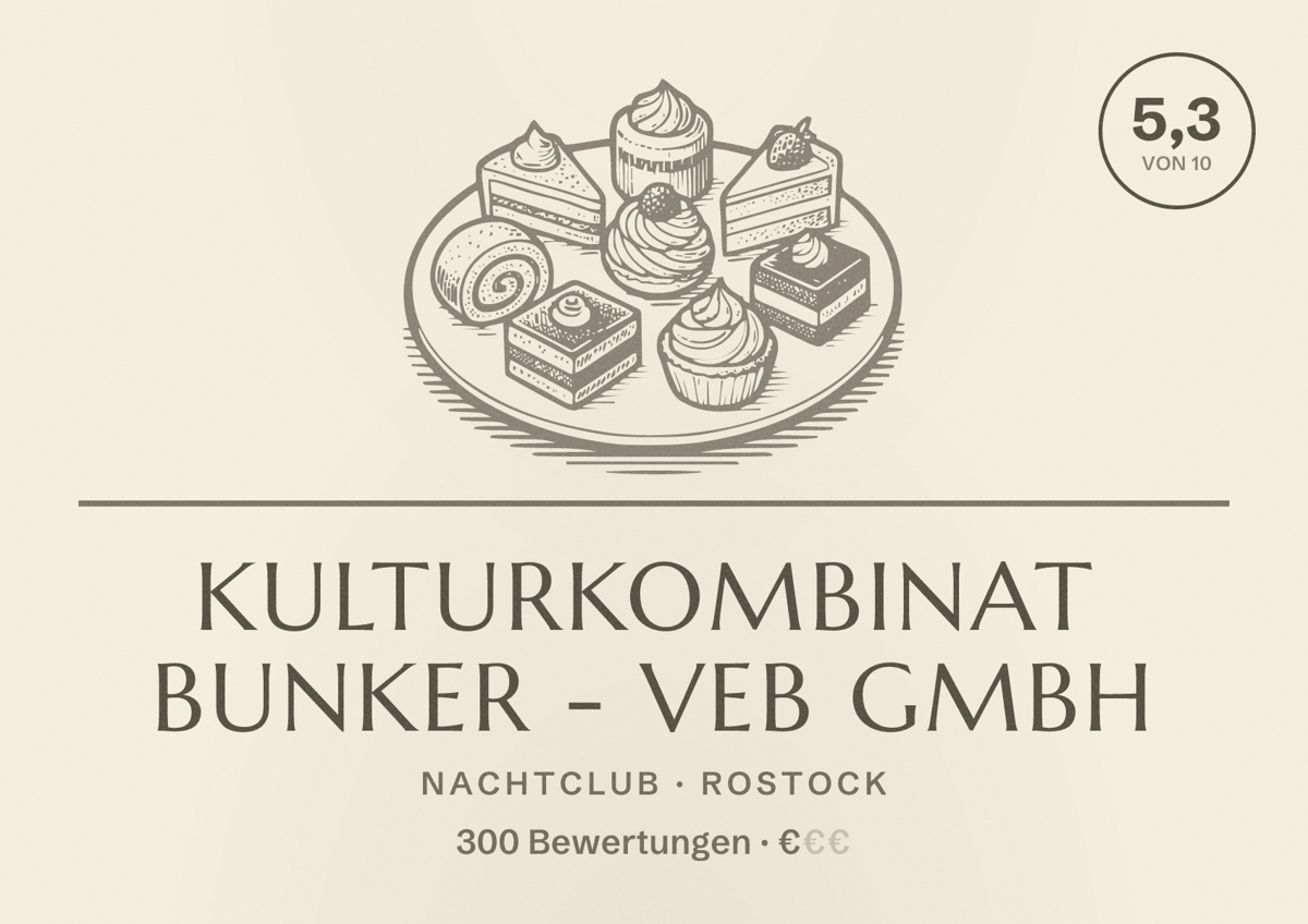 Illustriertes Poster von Kulturkombinat Bunker - VEB GmbH, Nachtclub in Rostock: Bewertung 5,3 von 10 aus 300 Bewertungen, Preisniveau €